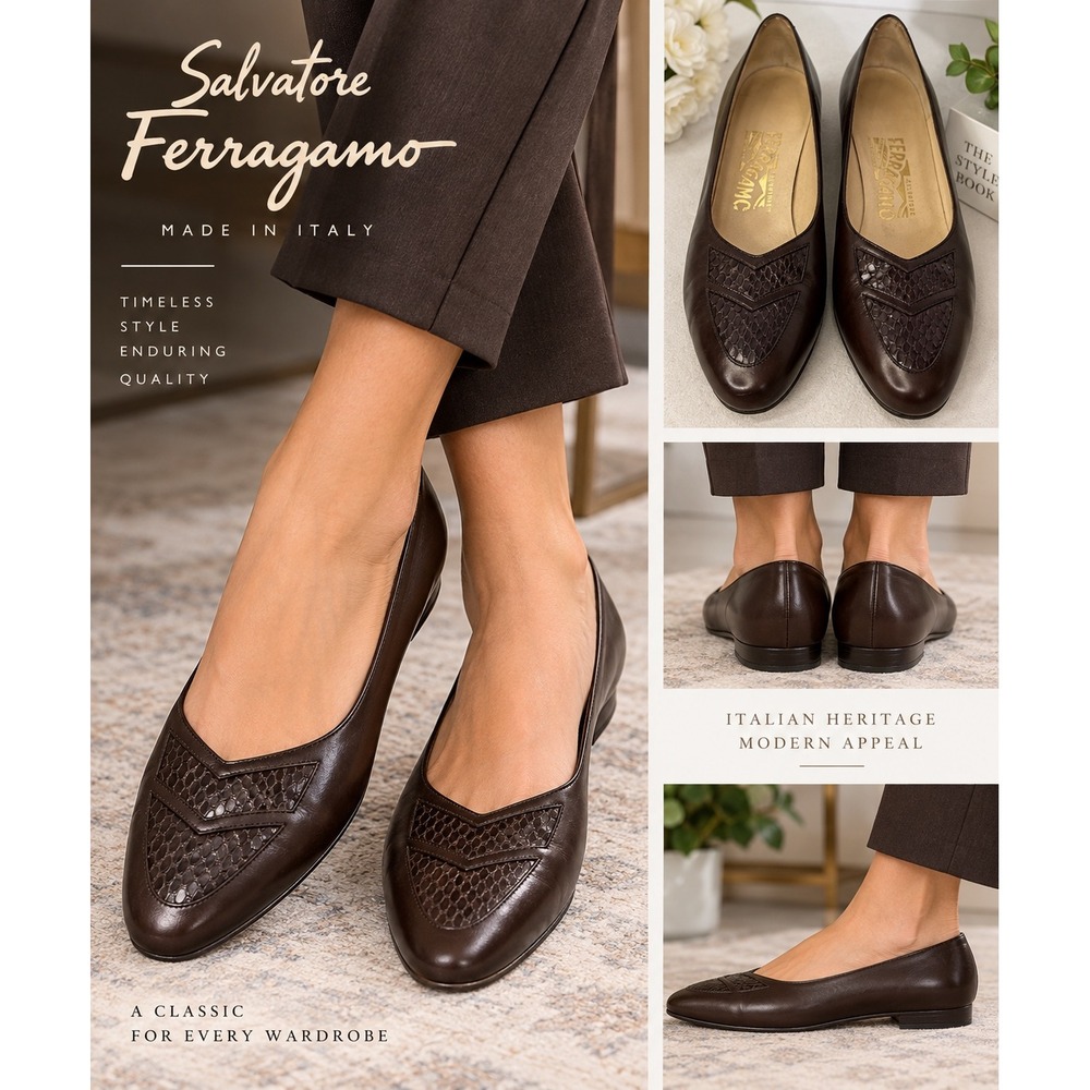 Salvatore Ferragamo Vintage Brown Leather Snakeskin Detail Flats 8B Italy